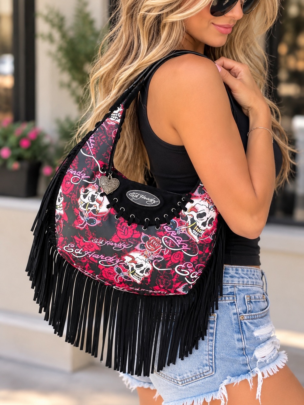 Ed Hardy Y2K Skull & Rose Fringe Hobo Shoulder Bag 🖤🌹💀